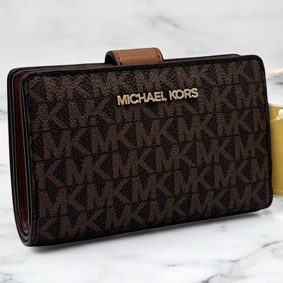 Michael Kors Medium Jet Set Travel Zip Chain Bifold Wallet Leather Brown - Picture 3 of 8